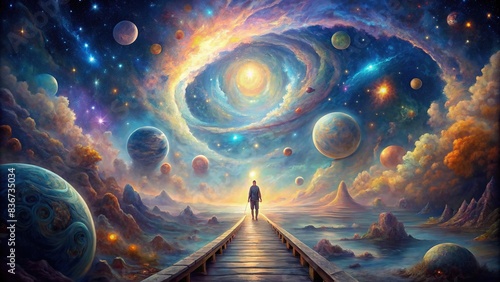 Surreal painting of a mystical journey through the universe