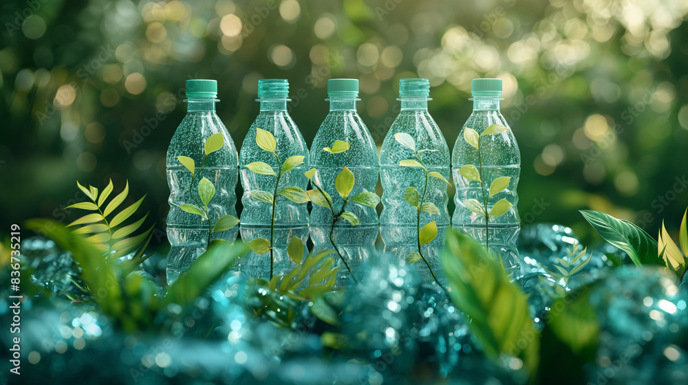 leave space for letters in the middle, pictures of plastic bottles and