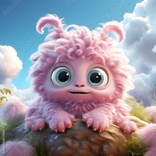 3d digital render of an adorable rotund baby monster giggling with wide glittering eyes brimmed