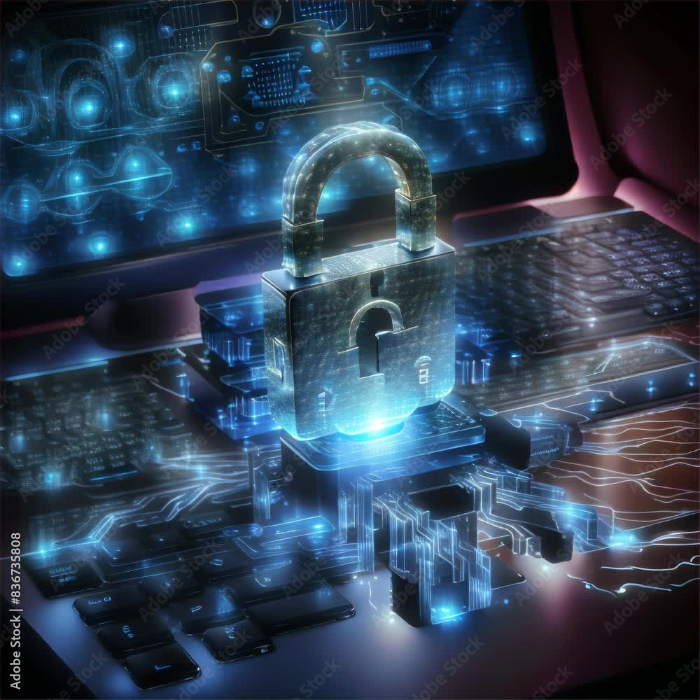 Keyboard In Cybersecurity Intricate digital illustration highlighting a glowing lock placed on a ...