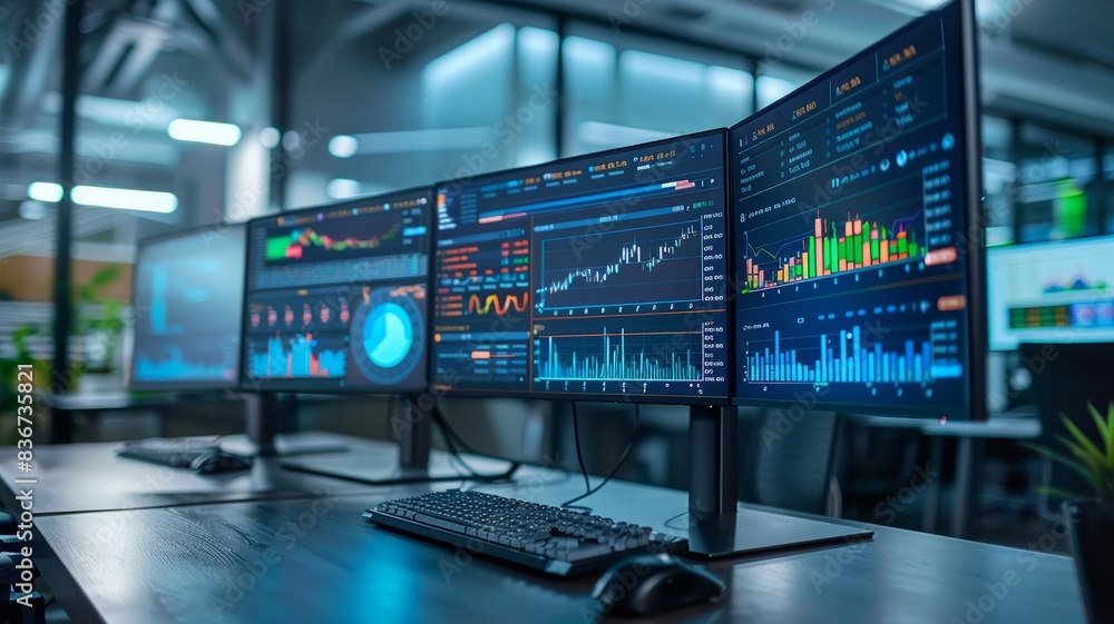 Advanced trading setup with multiple monitors showing market data Advanced trading setup with multiple monitors showing market data