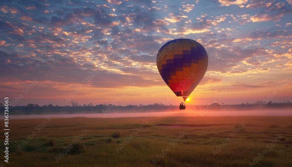 Naklejka premium Vibrant Sunrise Soar: A Colorful Hot Air Balloon Adventure