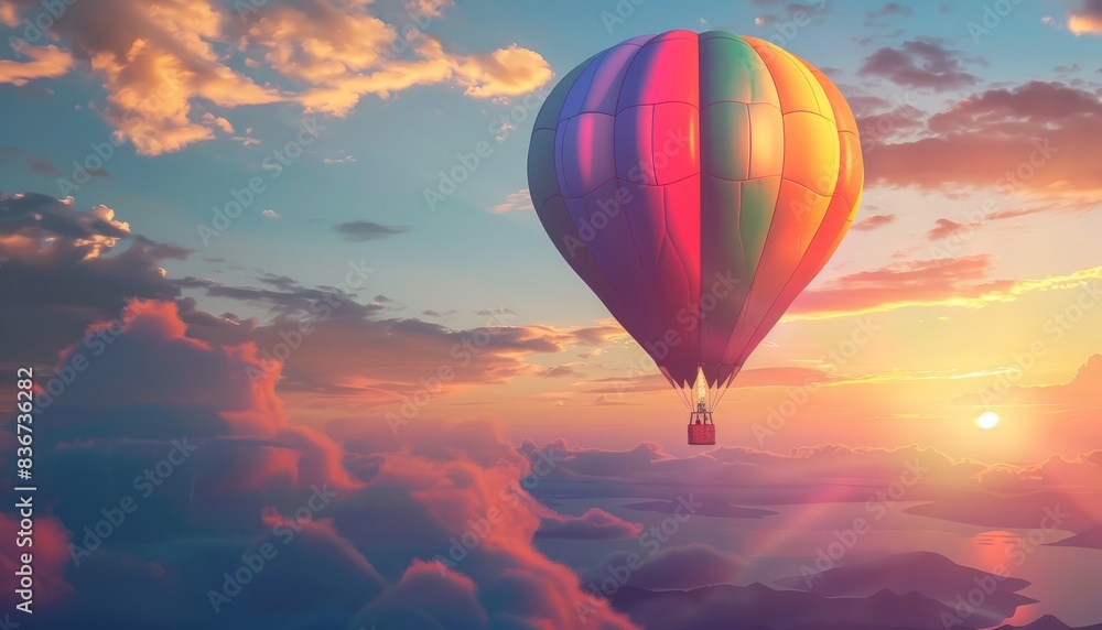 Obraz premium Sky's Canvas: A Colorful Hot Air Balloon Soars at Sunset