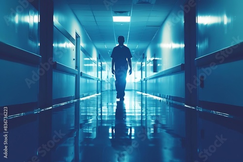 Medical professional walking down a hospital corridor, Healthcare, Cool Tones, HighResolution © Premyuda