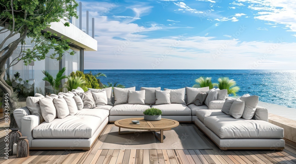 Fototapeta premium Un luxueux espace extérieur avec un canapé d'angle avec coussins, terrasse en bois, surplombant l'océan.