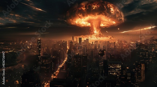 Un paysage urbain illustrant la destruction dans un monde post-apocalyptique  champignon atomique en arri  re-plan.