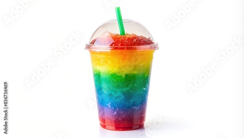 Colorful slushie drink in a plastic cup with a straw, isolated on white background photo