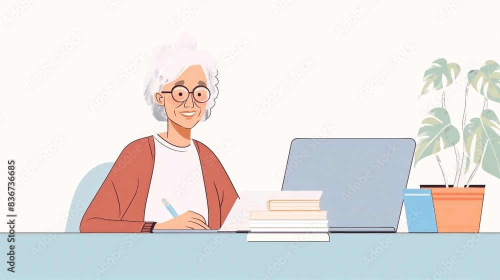 Illustration of an elderly woman with glasses working at a desk with a laptop, books, a notepad, and a plant. Illustration of an elderly woman with glasses working at a desk with a laptop, books, a notepad, and a plant.