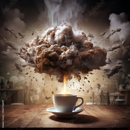 Concept de boisson intense, une explosion s'élevant du haut d'une tasse de café, sur un fond sombre. photo