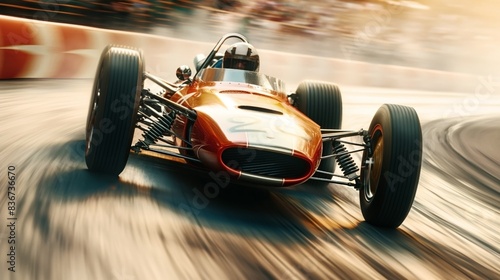 Vintage race car speeding on a track during a race, with blurred motion to emphasize the high speed and dynamic action. © Natalia