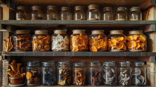 Set of large jars on delicatessens shelf containing different colored dried chanterelle mushrooms 