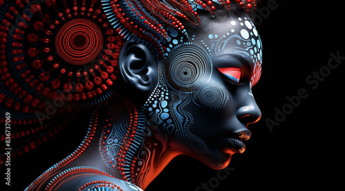 Illustration numérique d'une femme africaine avec des points rouges et bleus en forme de spirale sur le corps, arrière-plan noir.