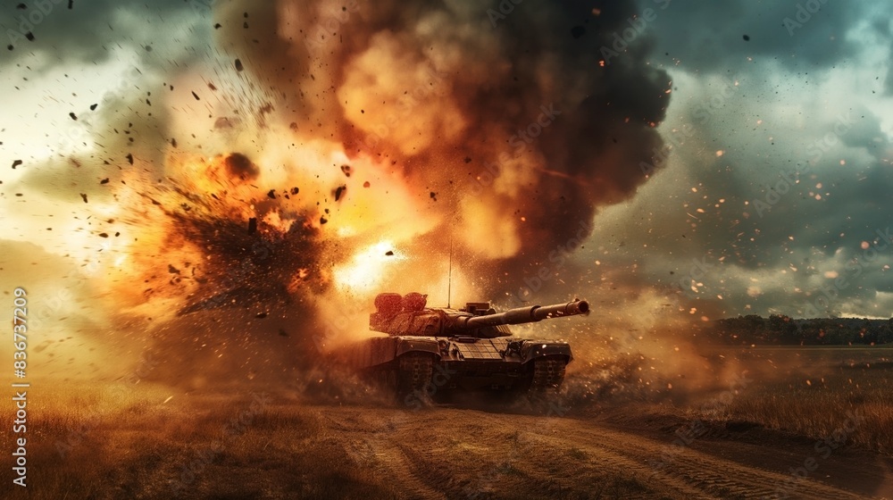 Fototapeta premium Military tank on a dirt road amidst a large explosion, with dust, debris, and fire all around. Dramatic, intense battlefield scene.