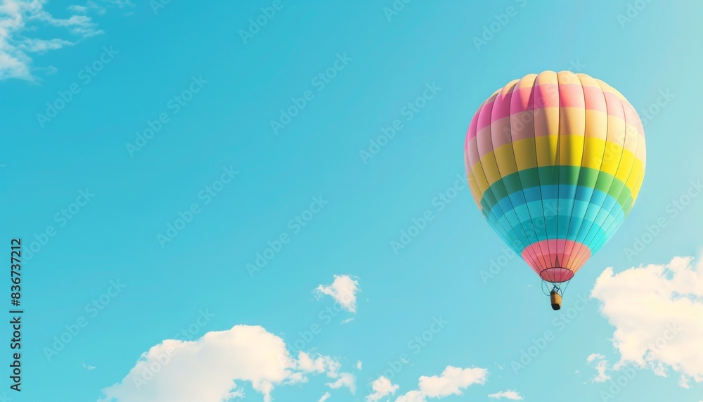 Fototapeta premium Ascending Colors: A Vibrant Hot Air Balloon Soaring in the Blue Sky