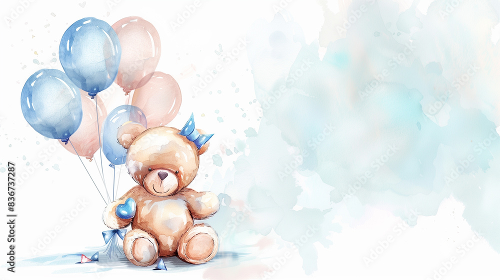 copy space, illustration, watercolor style, soft blue tones, cute big teddy bear with balloons. Cute birth announcement card. Template voor birth cards, cute design. copy space, illustration, watercolor style, soft blue tones, cute big teddy bear with balloons. Cute birth announcement card. Template voor birth cards, cute design.