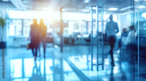 Blurred image of a modern office with people walking and sunlight streaming through large windows.