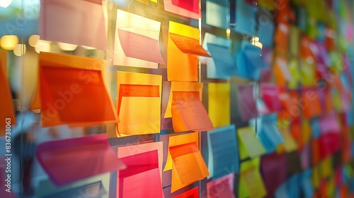 Colorful sticky notes on a glass wall in an office setting