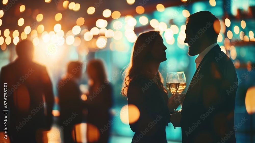 A silhouetted couple holding wine glasses, engaged in conversation at a cozy, dimly lit social event with string lights in the background. A silhouetted couple holding wine glasses, engaged in conversation at a cozy, dimly lit social event with string lights in the background.