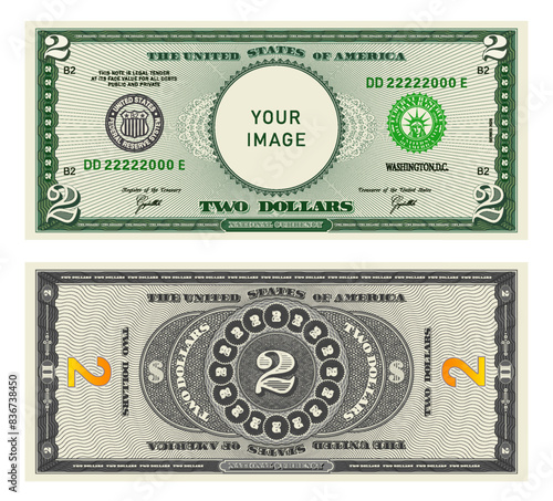 Vector highly detailed fictional beautiful 2 US dollar banknote. Obverse and reverse of American bill with guilloche patterns. Empty circle in center. Sample, your image. Two dollars.