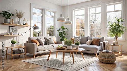 Scandinavian-inspired living room with minimalistic decor and natural elements , Scandinavian, natural, style, living room, simple, elegant, decor, interior design, white, wood, cozy photo