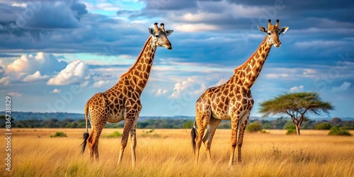 Two giraffes standing gracefully in the African savannah   wildlife  nature  Africa  giraffe  tall  beautiful  majestic  animals  savannah  wilderness  landscape  safari
