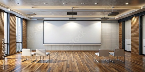 Empty room with blank projection screen for customizable messages, blank, projection, screen, room, empty, space, copy, generative AI, technology, digital, multimedia, communication, modern photo