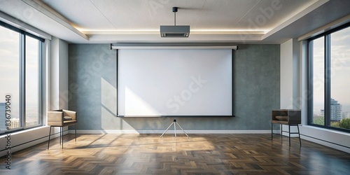 Empty room with blank projection screen for customizable messages, blank, projection, screen, room, empty, space, copy, generative AI, technology, digital, multimedia, communication, modern photo