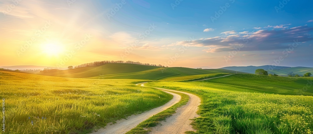 Serene Countryside Landscape with Winding Dirt Road, Rolling Green Hills, and a Beautiful Sunrise in a Clear Blue Sky Serene Countryside Landscape with Winding Dirt Road, Rolling Green Hills, and a Beautiful Sunrise in a Clear Blue Sky