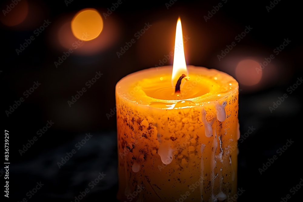 Single white burning candle on black background. Funeral, mourning, memorial service concept Single white burning candle on black background. Funeral, mourning, memorial service concept