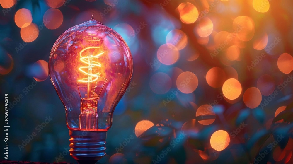 Glowing light bulb with vibrant bokeh background, Inspiration, Multicolor, HighResolution Glowing light bulb with vibrant bokeh background, Inspiration, Multicolor, HighResolution