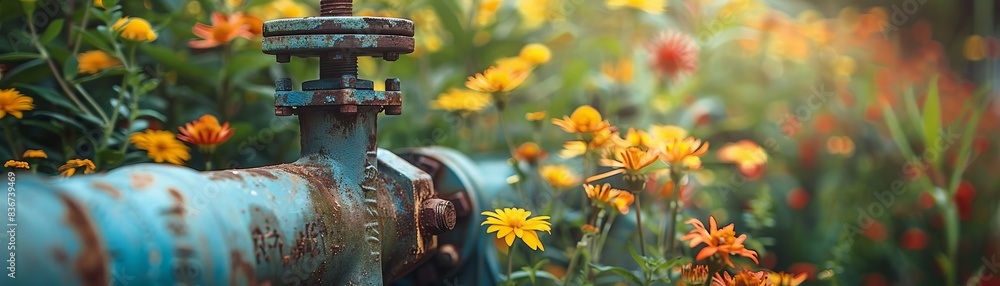 Close-up of a rusty water pipe with vibrant yellow flowers in the background under soft sunlight, capturing the contrast between nature and industry. Close-up of a rusty water pipe with vibrant yellow flowers in the background under soft sunlight, capturing the contrast between nature and industry.