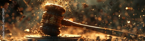 Close-up of a judge's gavel striking, with dramatic lighting and dust particles. Symbol of justice, law, and decisions in a courtroom setting. photo