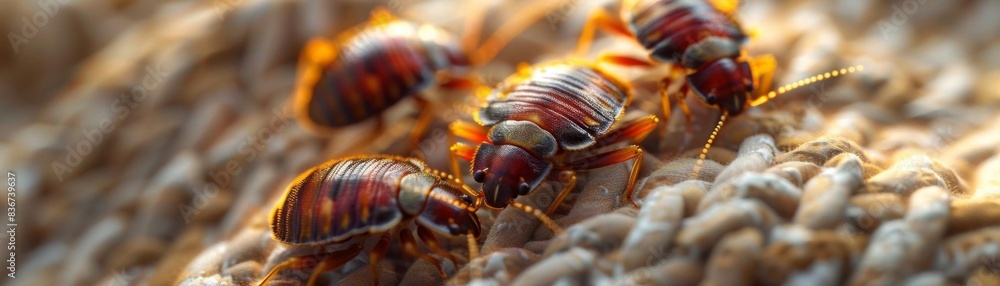 Closeup of bedbugs on fabric, Macro, Warm Colors, HighResolution Closeup of bedbugs on fabric, Macro, Warm Colors, HighResolution
