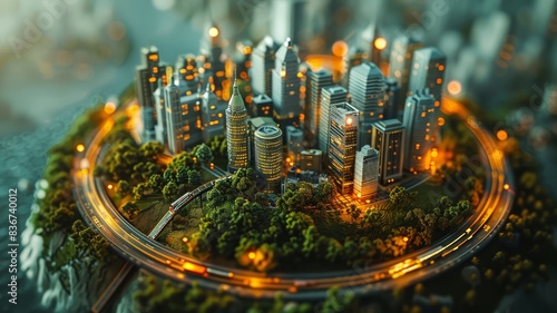 Miniature city model with roads and buildings lit up © vectorizer88