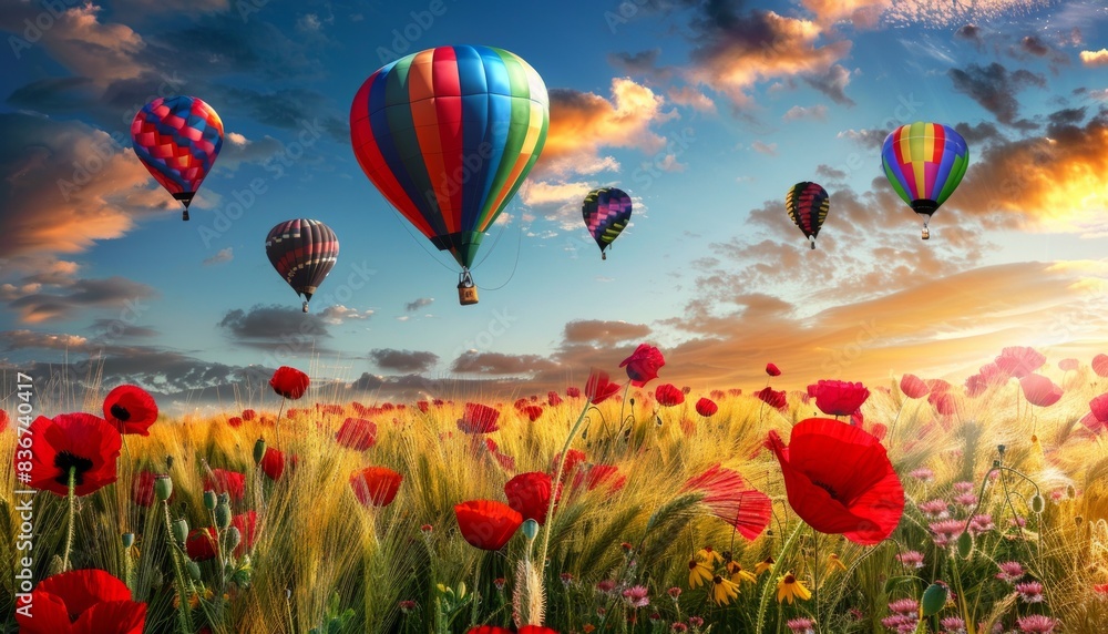 Obraz premium Vibrant Splendor: A Kaleidoscope of Hot Air Balloons Soaring Over a Sea of Red Corn Poppies