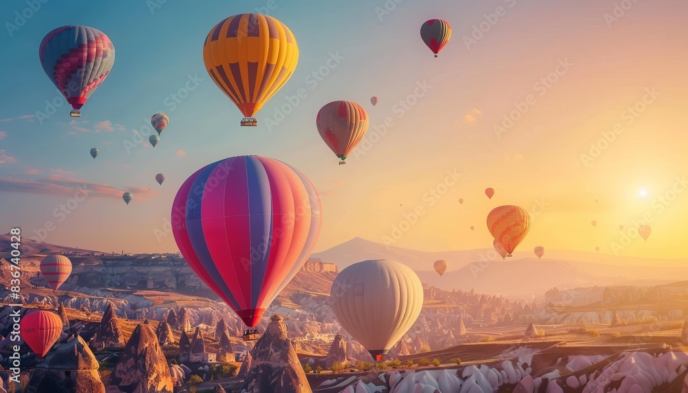 Fototapeta premium Vibrant Hot Air Balloons Dance Across the Sunrise Sky in Goreme National Park, Cappadocia