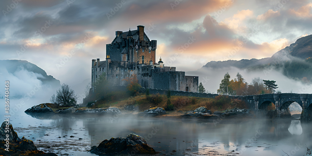 Fototapeta premium Historic Castle in Misty Landscape | Scenic View of Ancient Fortress at Dawn, Mystical Castle in the Fog | Stunning View of Historic Fortress Surrounded by Mist
