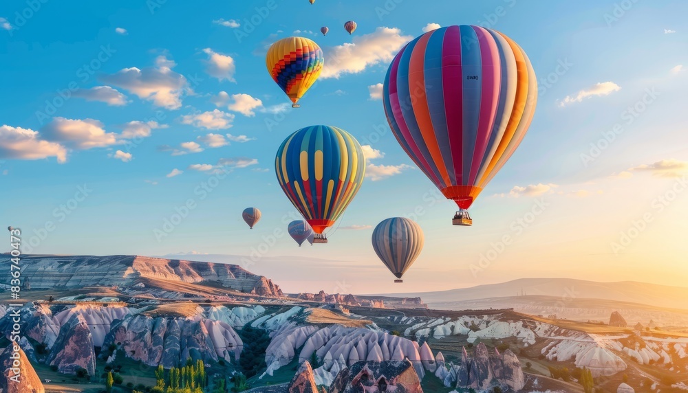 Obraz premium Goreme National Park Aglow: Sunrise Flight of Colorful Hot Air Balloons in Cappadocia, Turkey