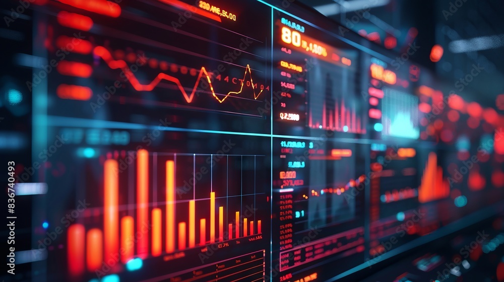 Obraz premium Futuristic data analysis screen with advanced financial charts and graphs