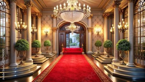 Elegant prom venue entrance with red carpet and chandeliers , formal attire, sophisticated, upscale, classy, elegant, glamorous, teenagers, high school, walking, promenade, venue