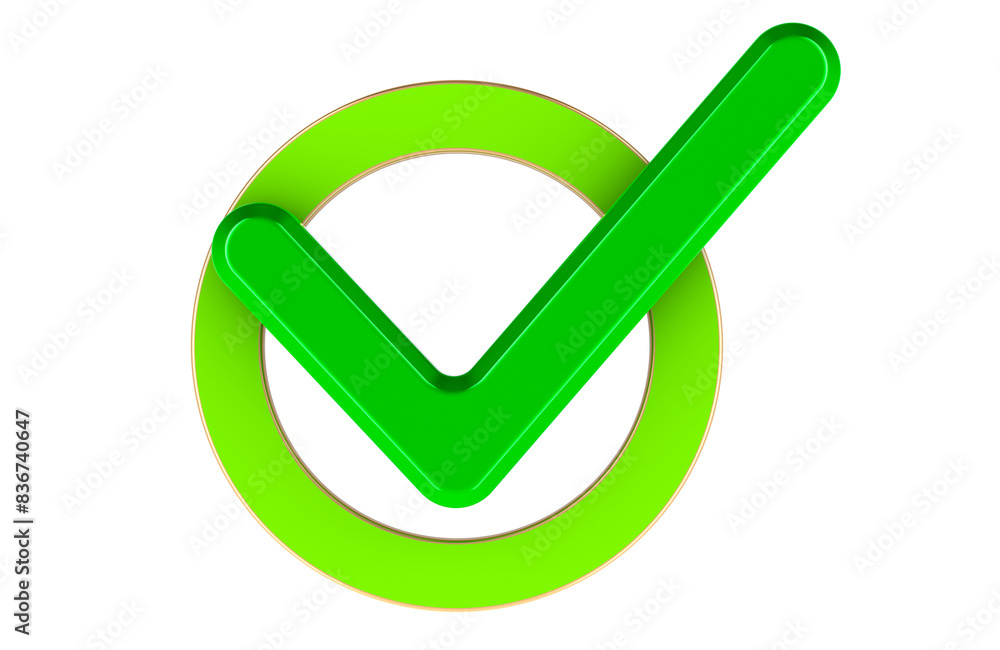 Green check mark in the circle, 3D rendering isolated on transparent