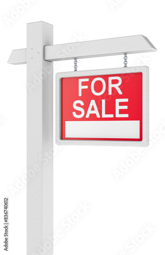 Real estate sign For Sale, 3D rendering isolated on transparent background