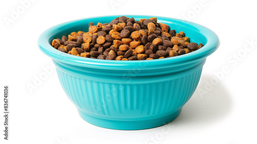 A bright turquoise bowl with dry cat food, isolated on a solid white background,