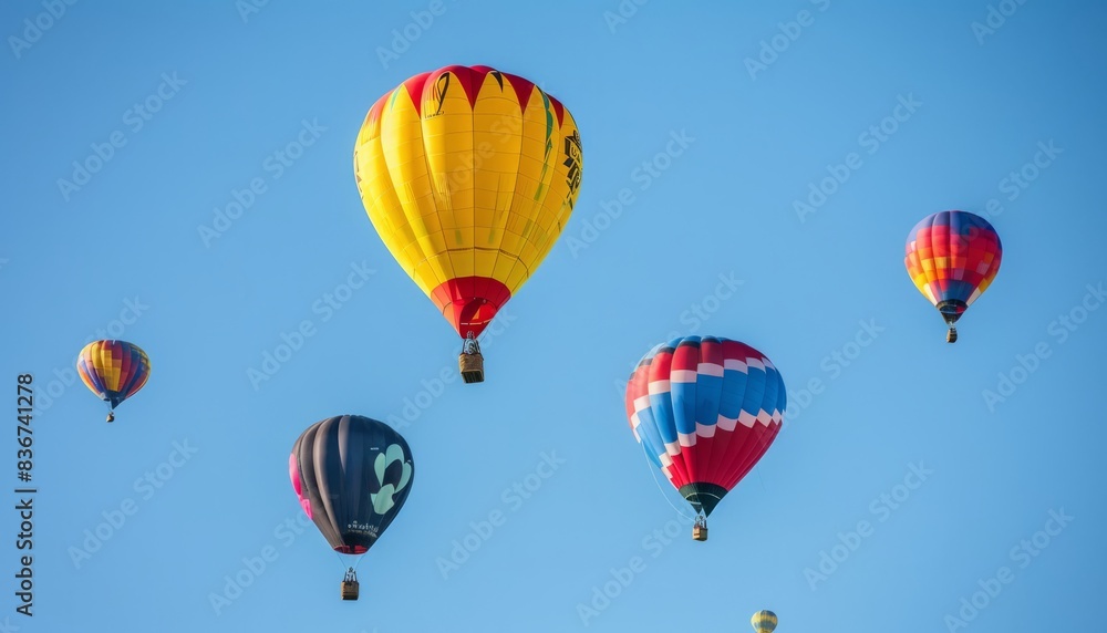 Vibrant Colors Soaring: An Aerial Display of Hot Air Balloons in a Clear Blue Sky Vibrant Colors Soaring: An Aerial Display of Hot Air Balloons in a Clear Blue Sky