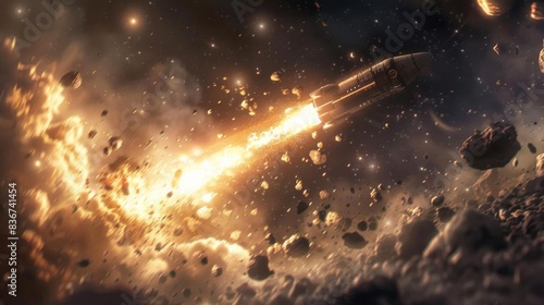 Exploding rocket in space amidst asteroids and fragments, showcasing a breathtaking scene of cosmic destruction and outer-space adventure.
