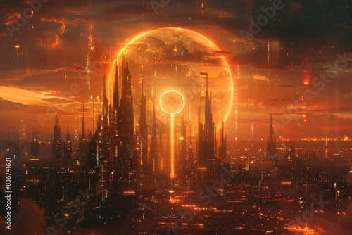 Futuristic cityscape with glowing structures and a giant ring in a dystopian sunset. Captivating science fiction digital art.