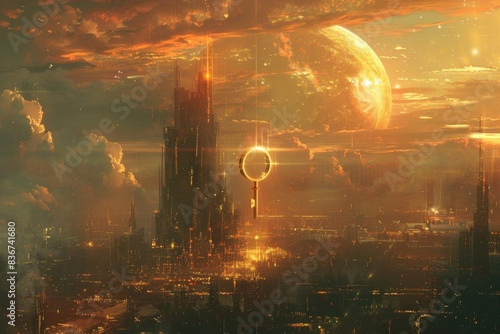 Futuristic cityscape with towering structures, glowing lights, and a massive planet in the background bathed in a golden sunset.
