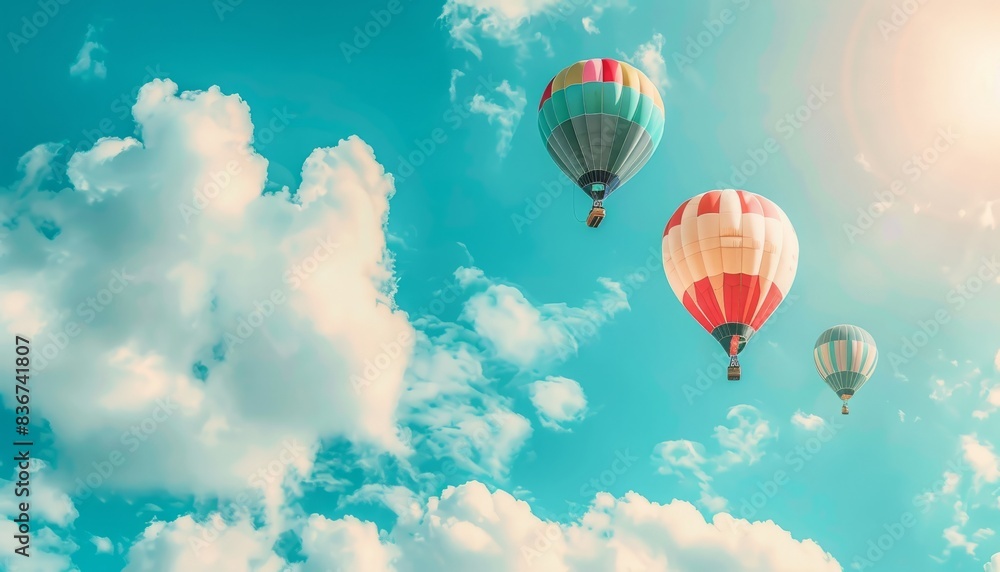Naklejka premium Vibrant Spectacle: Colorful Hot Air Balloons Soar Through the Blue Sky at 7:4