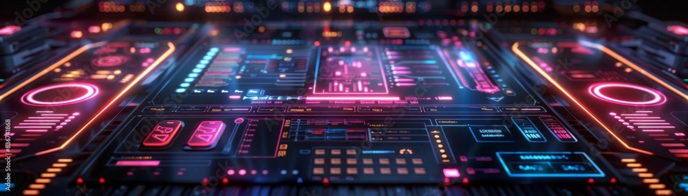 Futuristic digital interface with neon lights and glowing holographic elements. High-tech concept for software, networking, and innovation. Futuristic digital interface with neon lights and glowing holographic elements. High-tech concept for software, networking, and innovation.