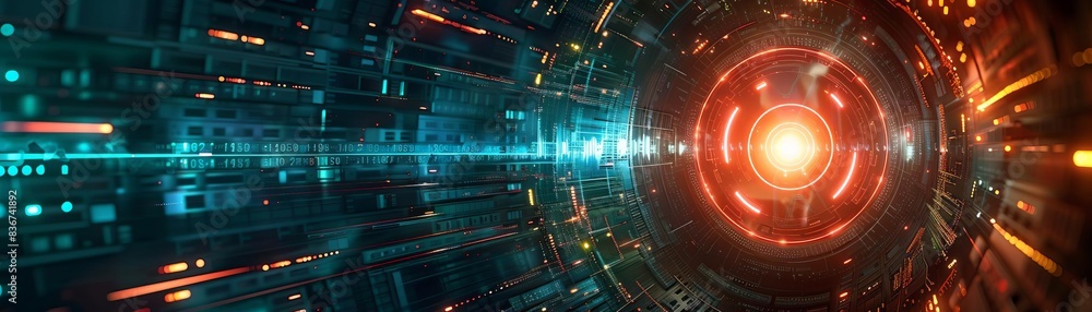 Obraz premium Futuristic digital tunnel with blue and orange lights, perfect for sci-fi themes, representing technology, innovation, and cyberspace.